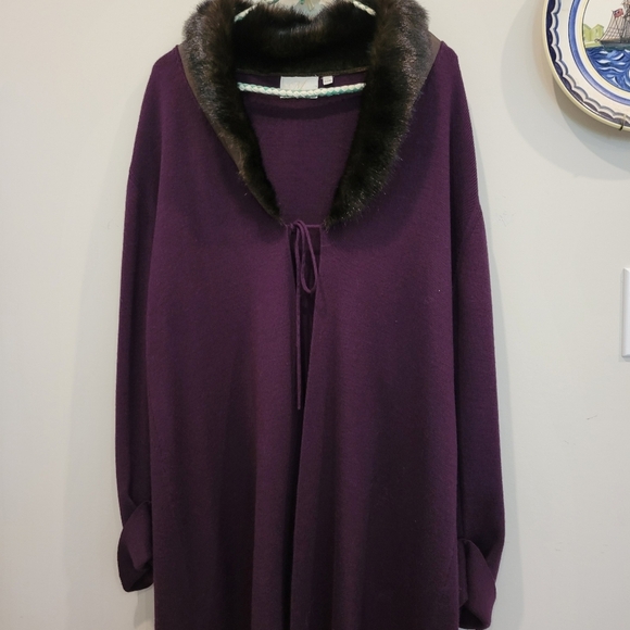 Womans Maggie Fine Knit Stylish Long Sweater Coat Faux Fur Collar L - Picture 10 of 10